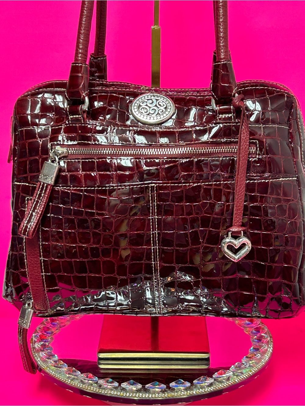 Brighton Glossy Croc-Embossed Satchel Bag in Deep Burgundy Approx. 13 x 11 x 4.5